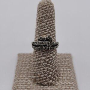 Size 7.75 Sterling Silver Marcasite Gems Heart Ring A1903